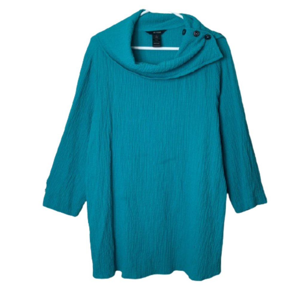Ali Miles blue crinkle button shoulder cowl neck top art to wear XL